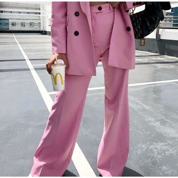 Zara High Rise Wide Leg Bubble Gum Pink Trouser Pants Women’s Size 5 Blogger Fav - Picture 2 of 9